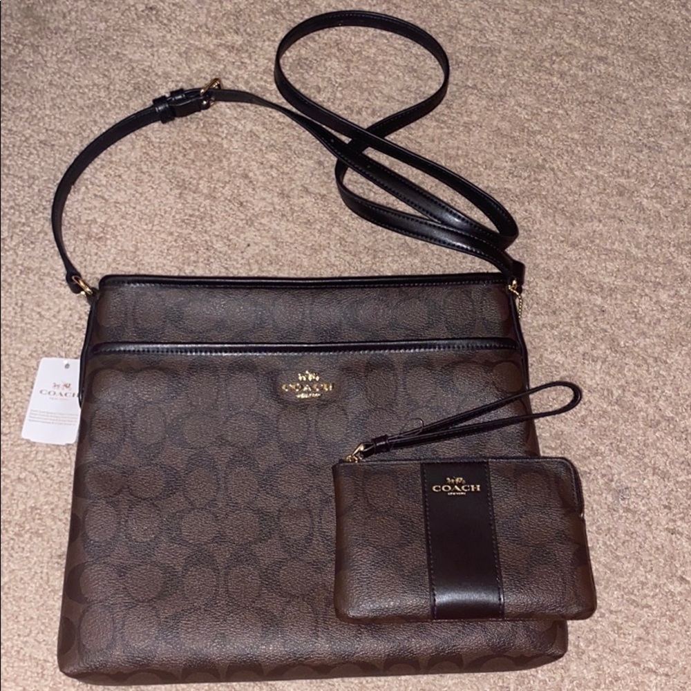 NWT Brown Coach Crossbody and Wristlet